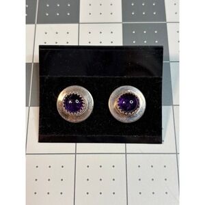 Vintage Sterling Silver Amethyst Cabochon Crown Bezel Stud Earrings Purple Gem